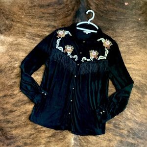 Black faux suede fringe western shirt